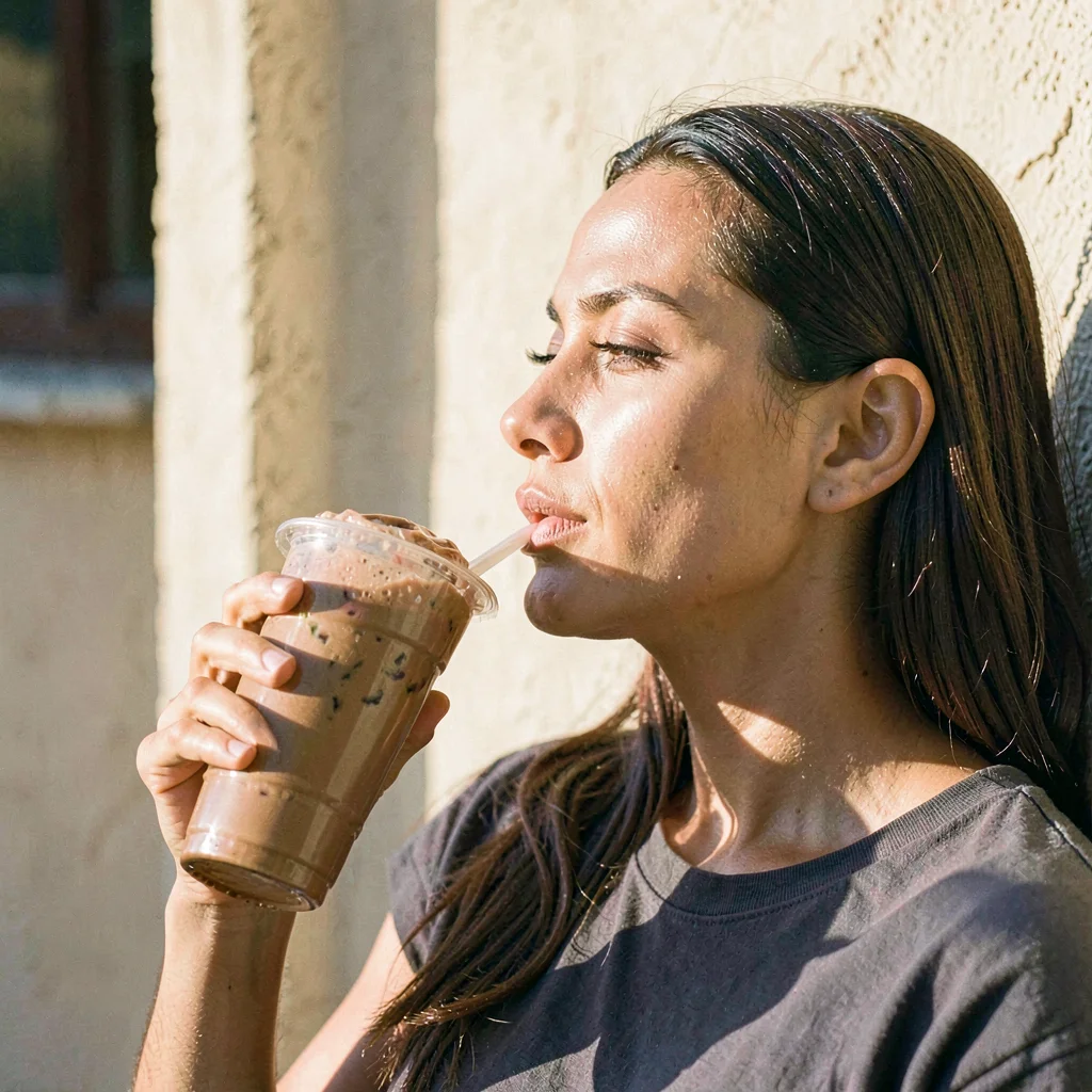 Editorial of a model's profile drinking a brown shake against a sunlit wall