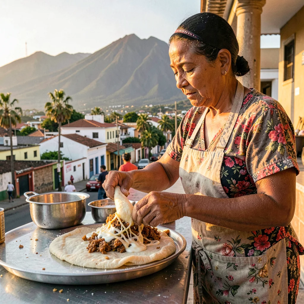 Pupusería golden hour in El Salvador, A cook layering cheese and chicharron into