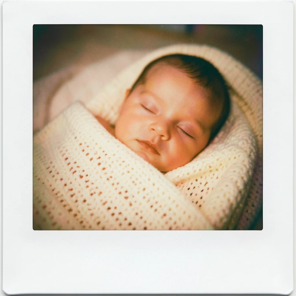 A sleeping baby in a knit blanket, soft focus, warm chemical color bloom, intima