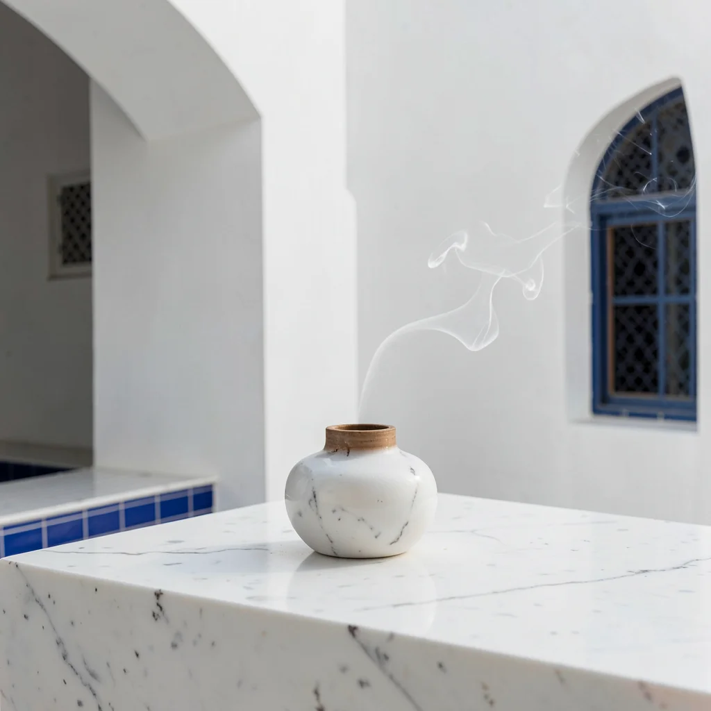 Extreme minimalist restraint of Muscat, Oman, frankincense burner on white marbl