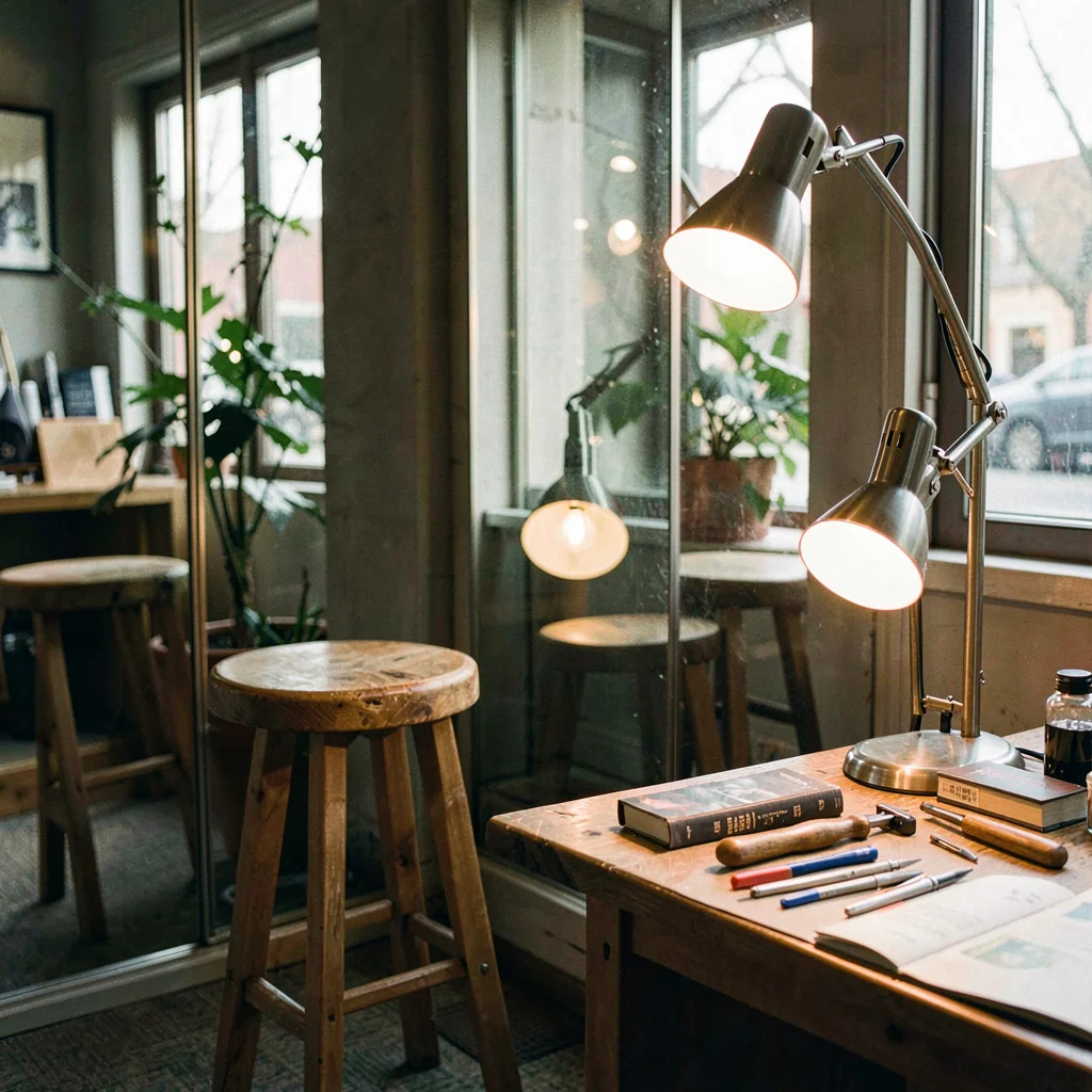 Atmospheric blog scene of a mirrored station with a stool, lamp, and tools laid 