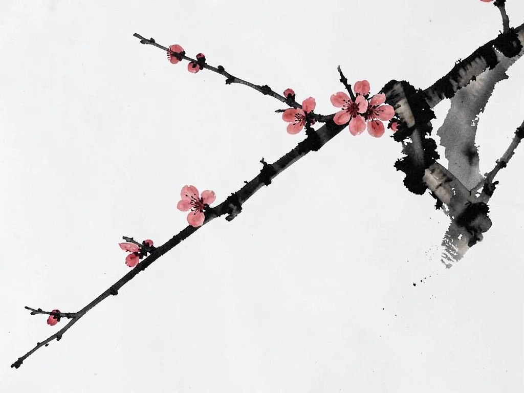 Plum branch with a few winter blossoms, strong diagonal across white paper