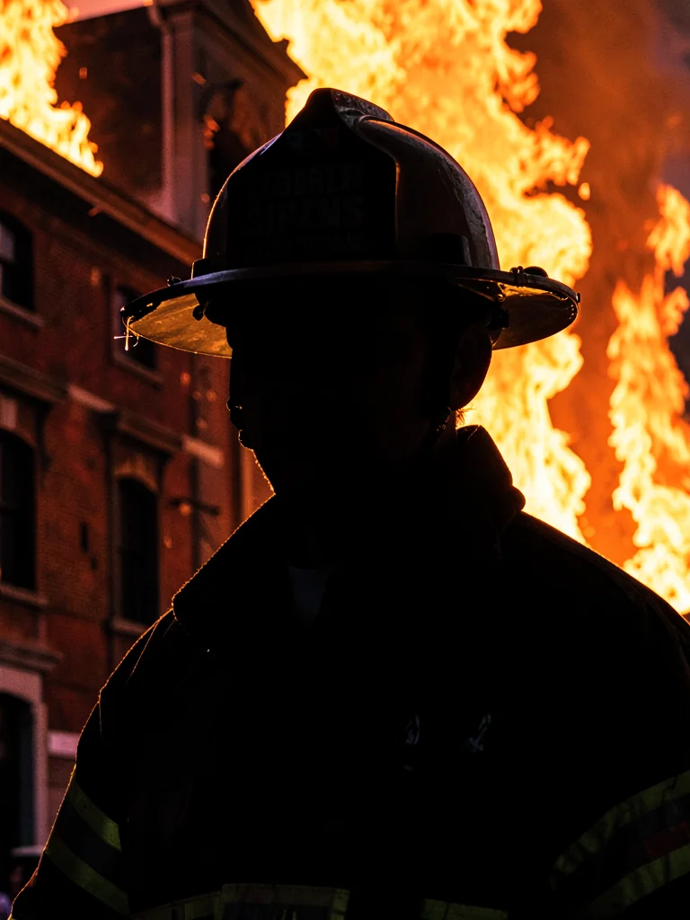Firefighter silhouetted against burning building, rim light tracing helmet and s