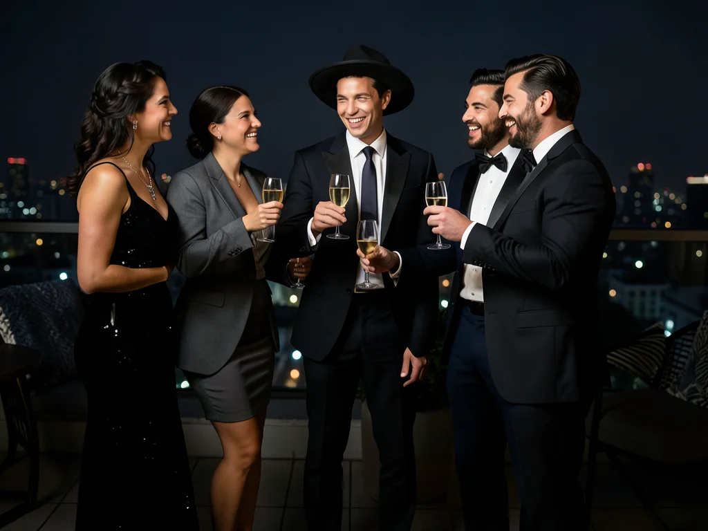 Graduate popping champagne with friends on rooftop, evening celebration