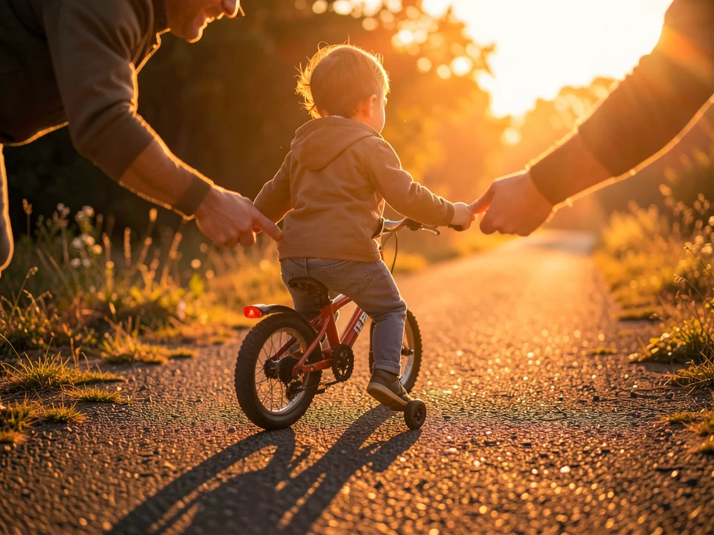 Child on bike without training wheels for first time, parent's hands just lettin