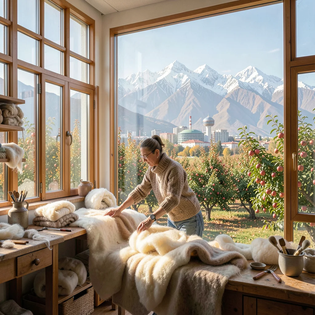 Tian Shan mountains behind Soviet Almaty, felt artisan stretching wool in sunlit