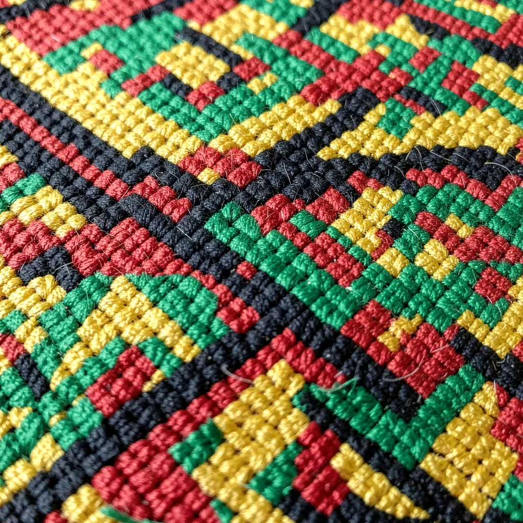 Close-up of woven kente strip — geometric motifs in gold, green, red, and black 