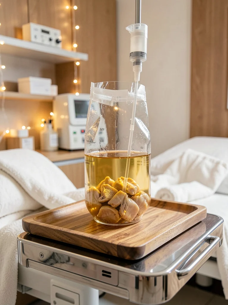 IV drip bag filled with golden chicken broth, wooden tray below, hospital room w
