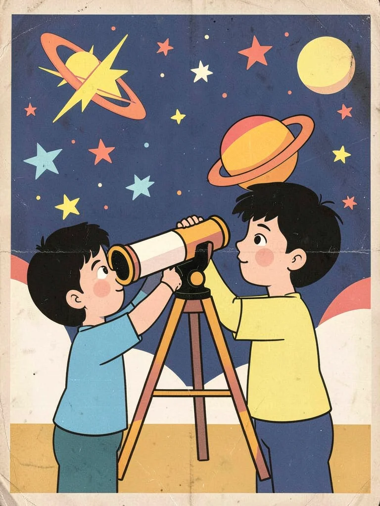 Child with telescope looking at stars