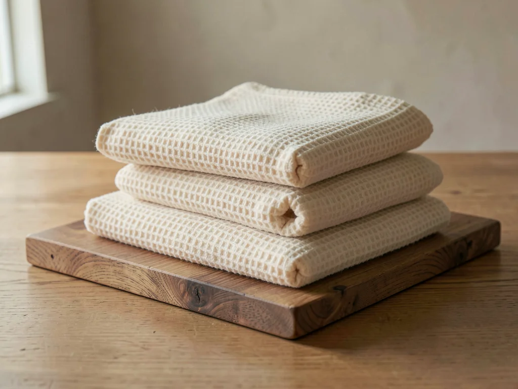 One folded waffle-knit wool blanket in undyed cream stacked on raw oak board, ra