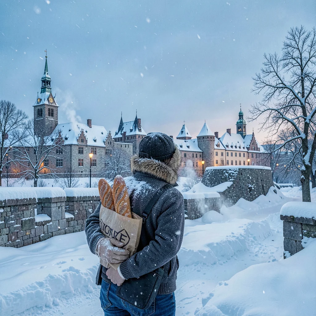 Quebec winter heritage, walled city under snow, Fresh baguettes wrapped in paper