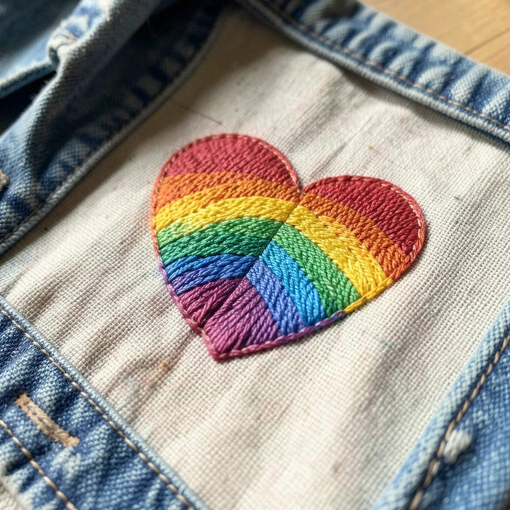 Rainbow embroidered heart on denim jacket, satin stitch, thread detail