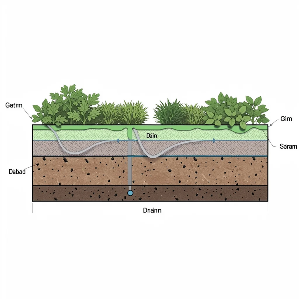 Cross-section blueprint of a green roof showing waterproofing, drainage, and sub