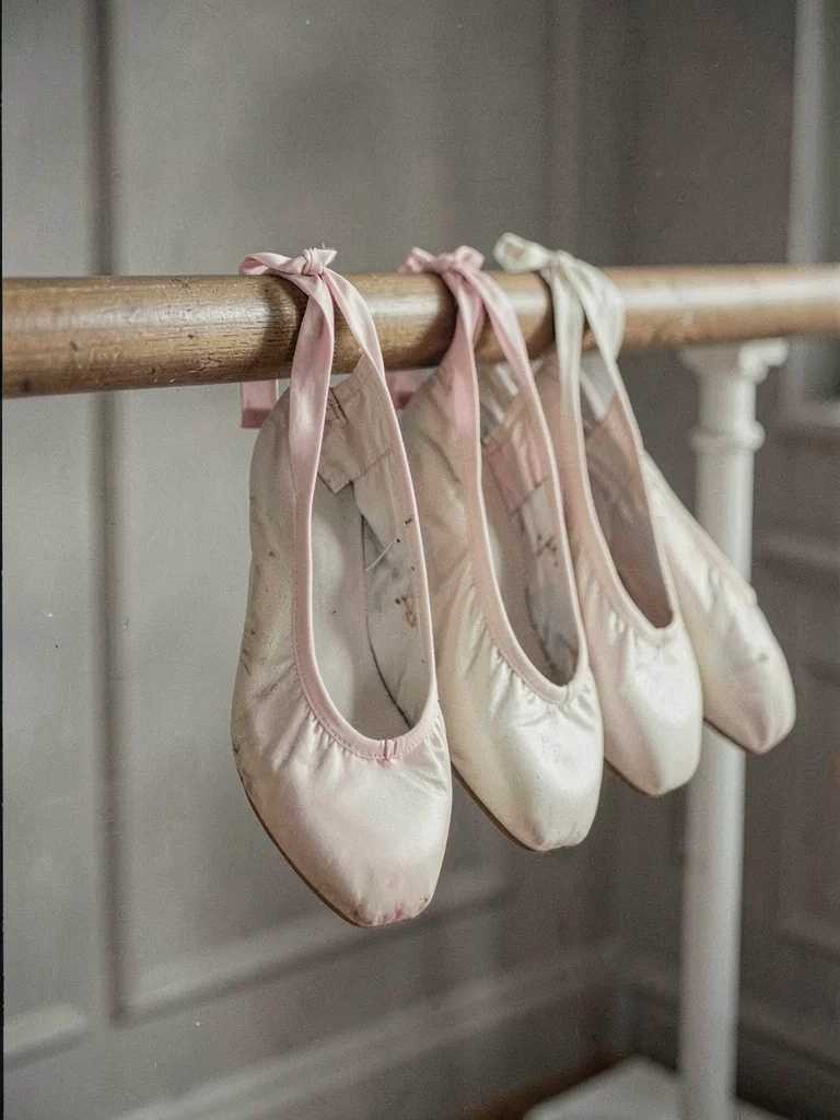 Ballet shoes hung on a barre, pink faded to almost white, a career's worth of we