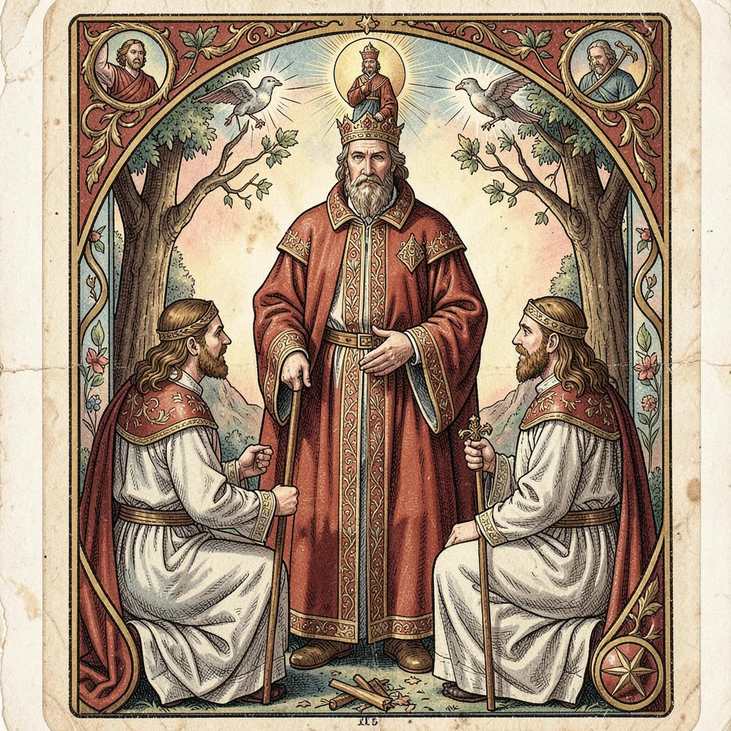 Tarot card illustration, The Hierophant in papal robes, two acolytes kneeling , 