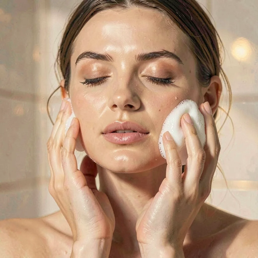 Soft portrait of a model with eyes closed pressing soap to her cheek, painterly 
