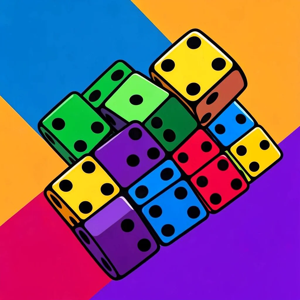 Bold colour-block scene of a cluster of dice-like cubes mid-tumble, vivid hues