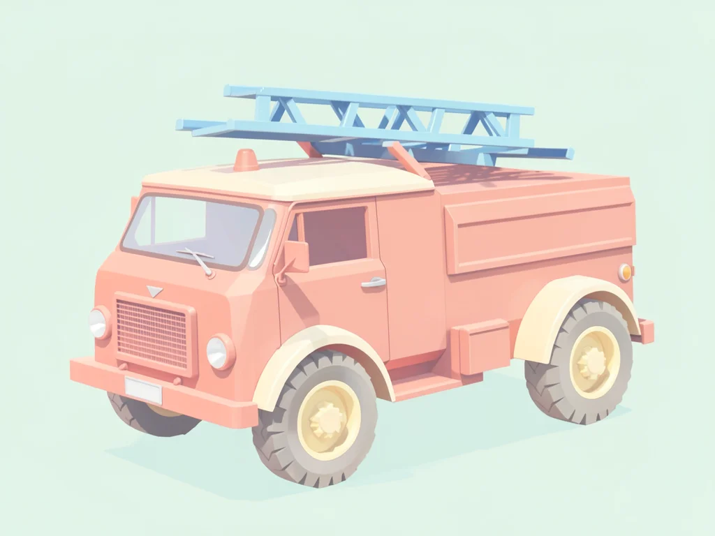 Reddish cream lowpoly fire engine with a sky-blue ladder folded on top and butte