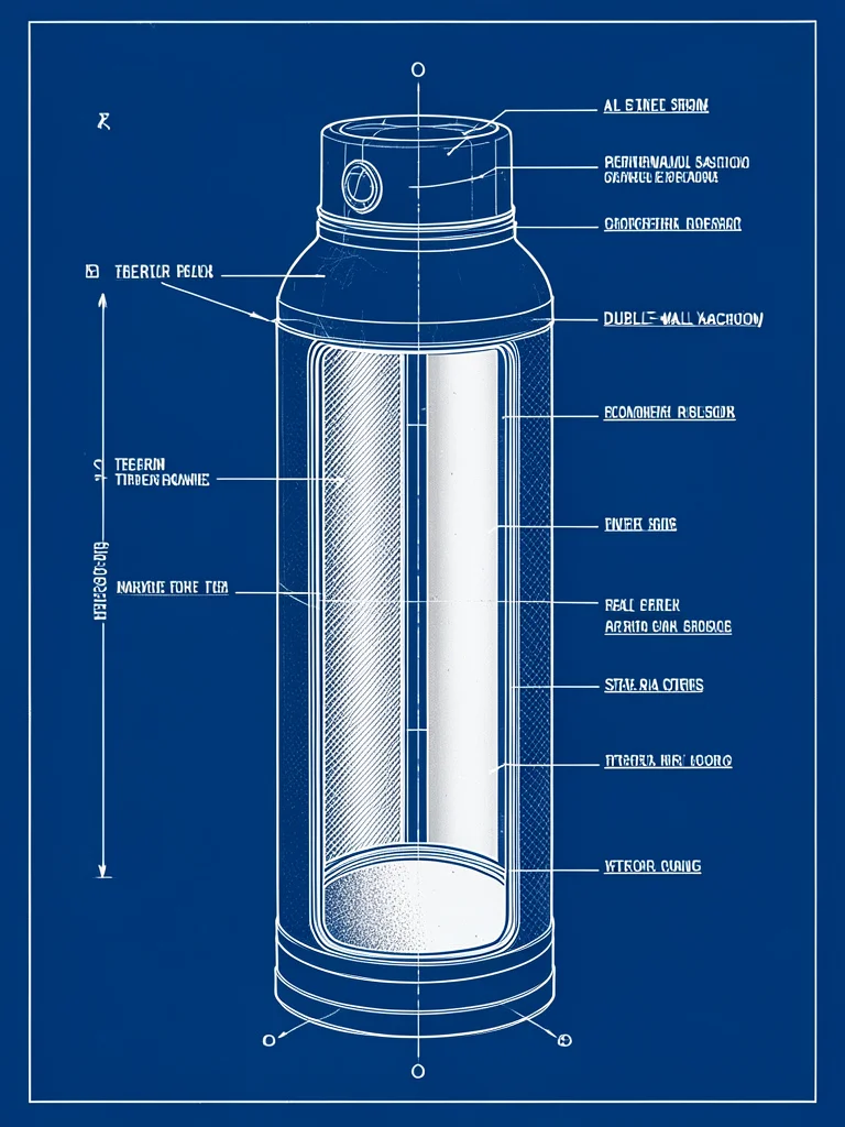 A cutaway of a thermos flask showing the double-wall vacuum, silvered surface, s