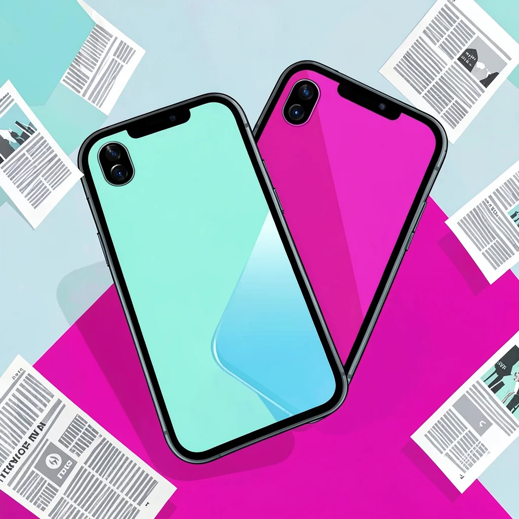 Saturated launch hero of two phones slightly overlapping, vivid mint and magenta