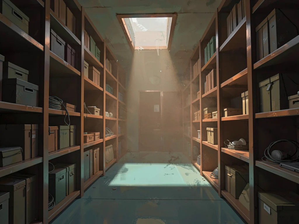 Basement archive vault with rolling shelves, single emergency-skylight shaft thr