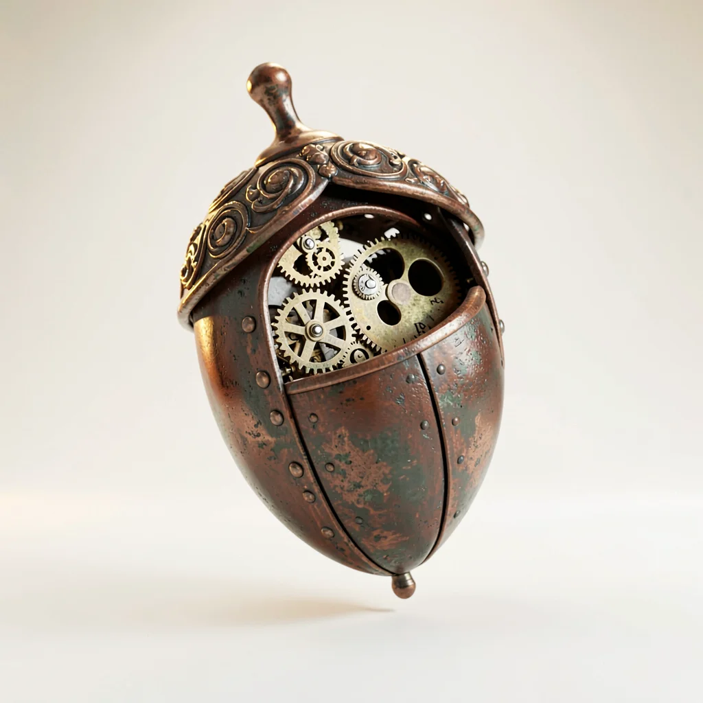 Ornate prop study of a clockwork acorn that splits open to reveal gears