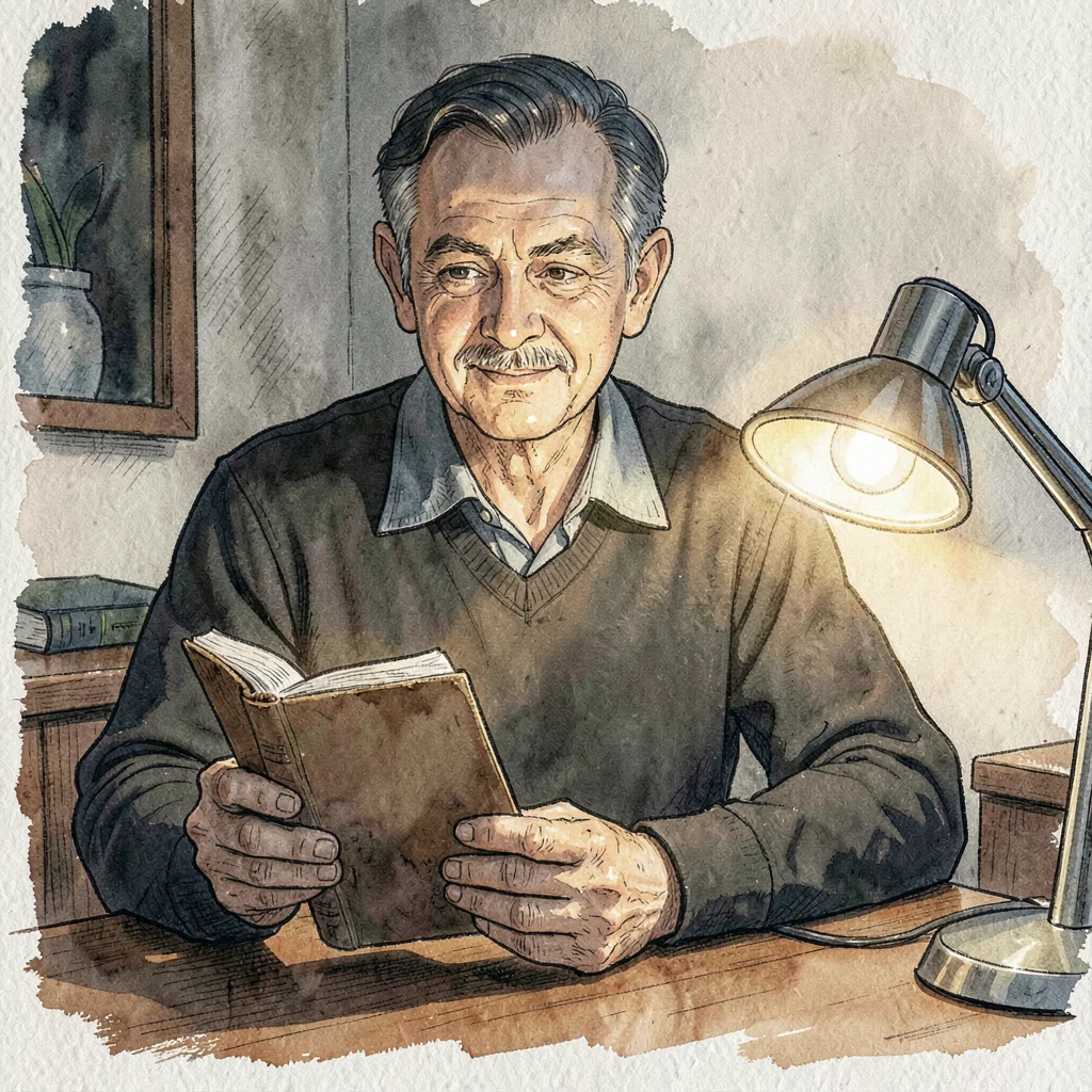 Lamplit portrait of a translator at a desk lamp with a paperback in hand, warm r