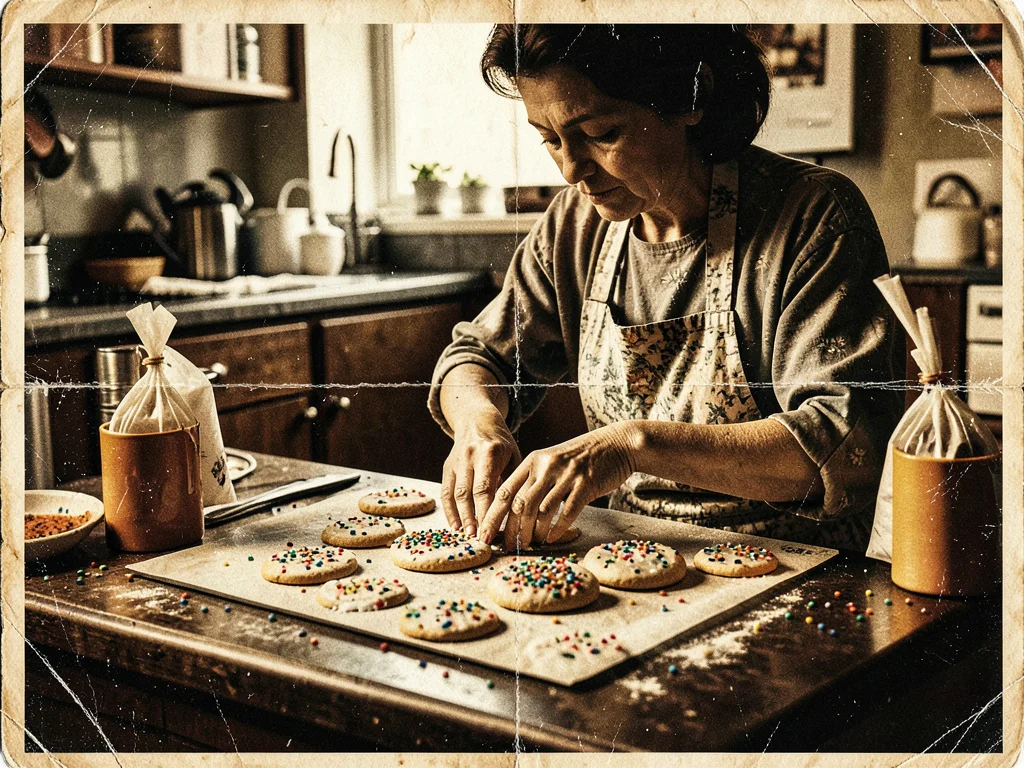 Person frosting sugar cookies at counter, sprinkles, icing bags