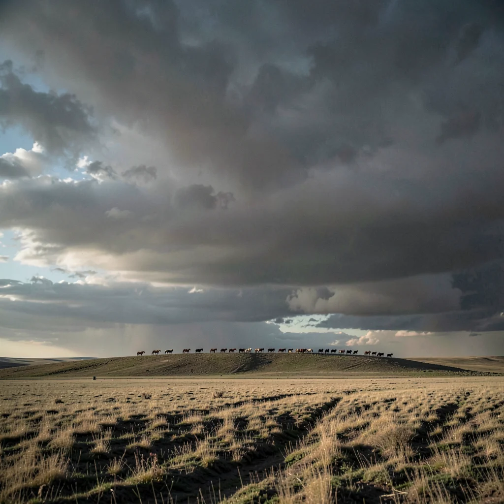 Vast horizontal landscape, extreme width composition, Herd of horses as dots on 