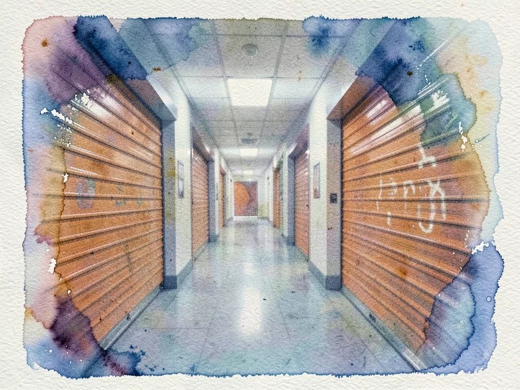 Public storage facility hallway, orange roll-up doors repeating into distance, p