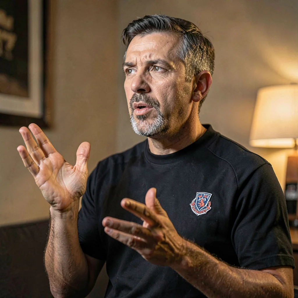 Lamp-lit portrait of a coach gesturing with one hand to indicate breath support,