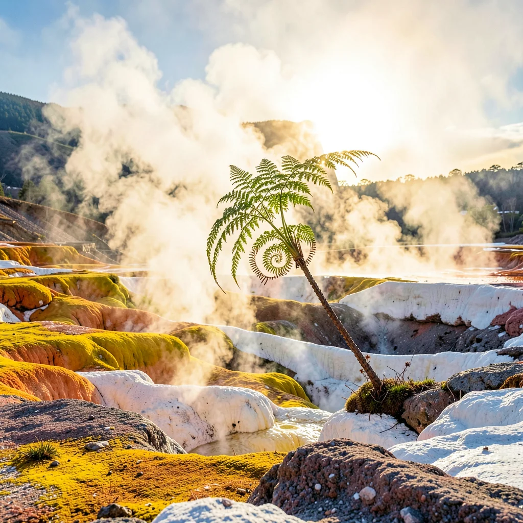 Rotorua geothermal landscape, active earth palette, Native fern frond unfurling,