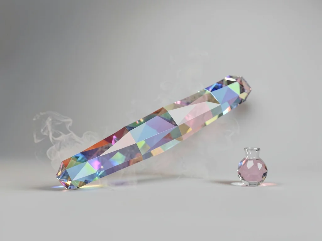 Quiet smoky lowpoly level with a long faceted body and a tiny crystalline bubble