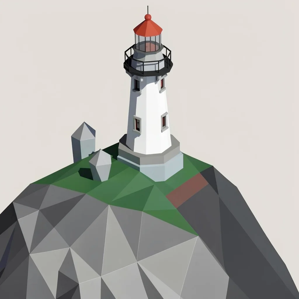 Low-poly illustration, low-poly lighthouse on cliff , faceted geometric surfaces