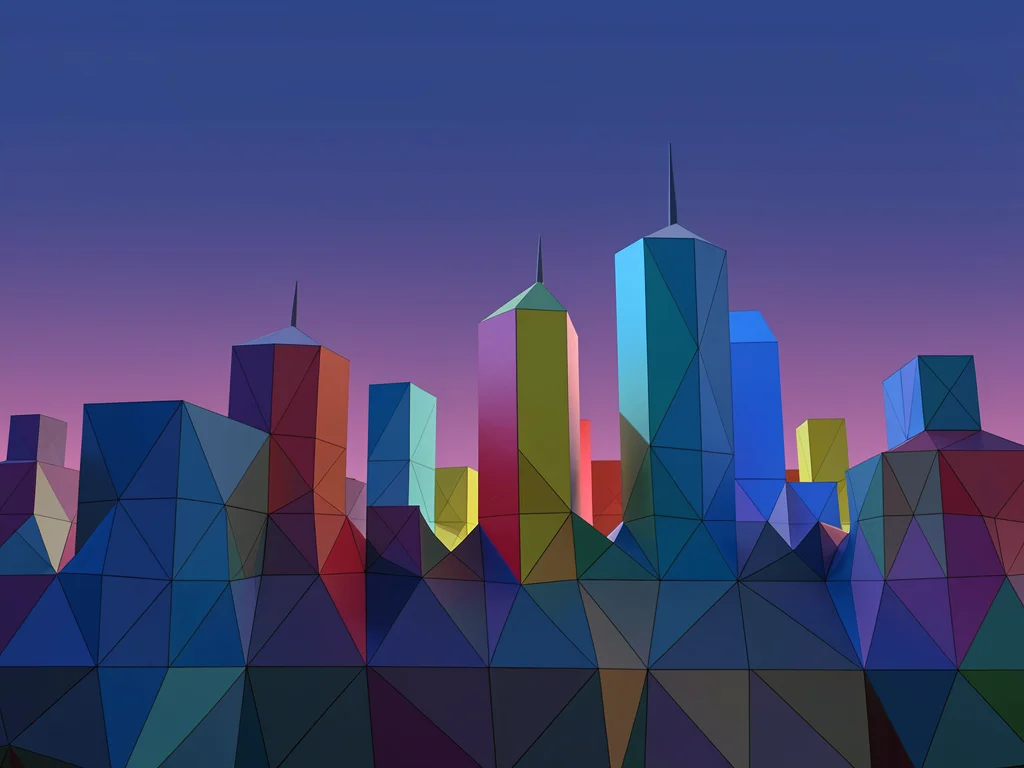 A city skyline at dusk with each building face a distinct colored polygon panel 