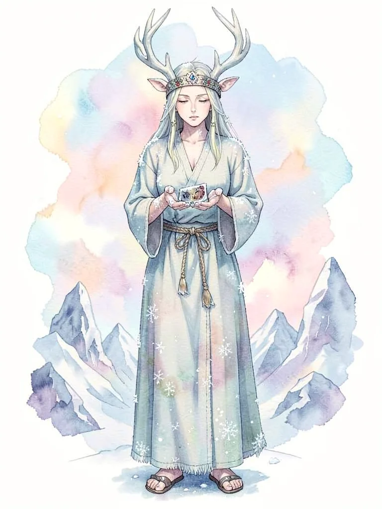 NPC concept of a wandering glacier-priestess in pale antler crown and snow-stain