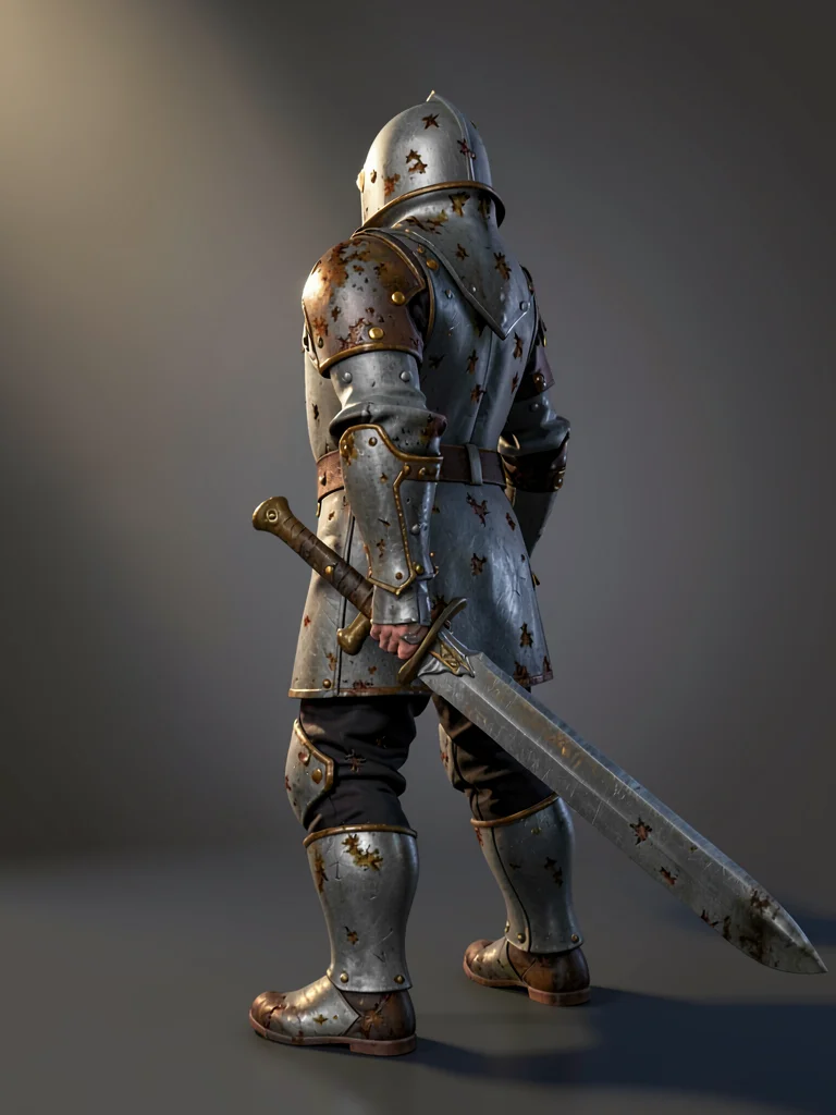 A scarred knight in battered grey plate with bronze-scuffed pauldrons standing w