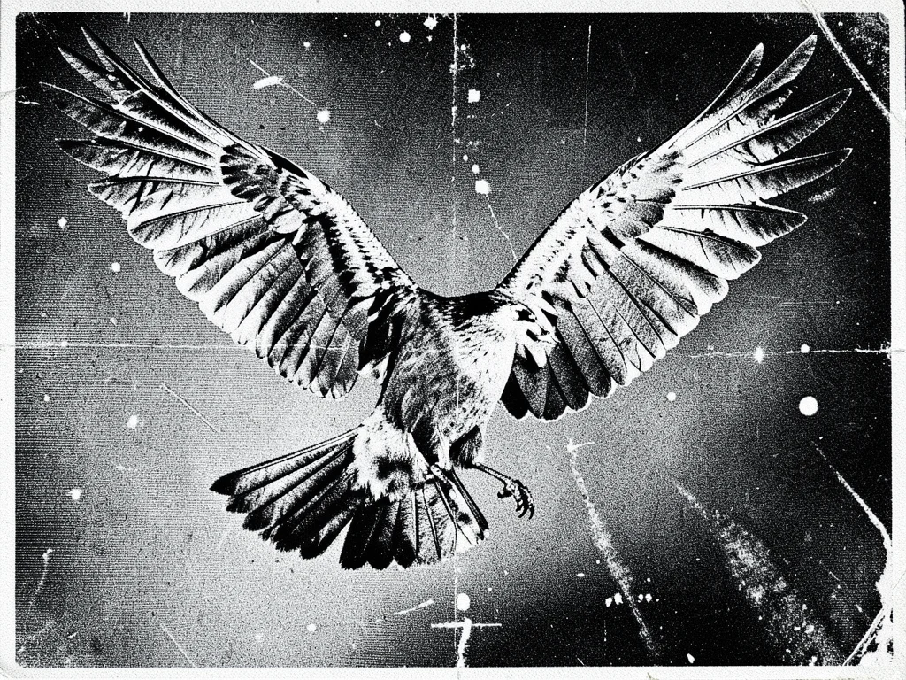 A bird in flight where each feather is a different degraded photocopy texture