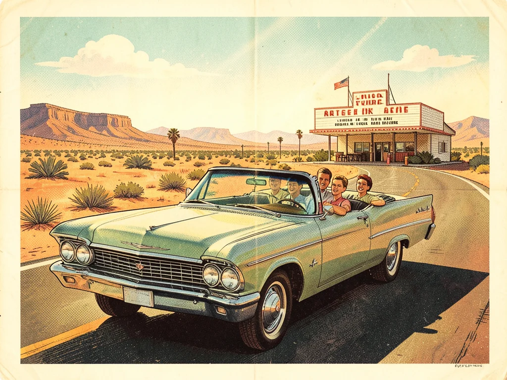 A family in a convertible on a highway, desert scenery, drive-in restaurant ahea