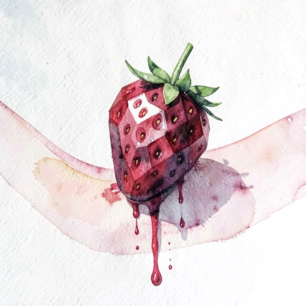 A faceted ruby-red lowpoly strawberry with a tiny green-leaved cap and crimson c