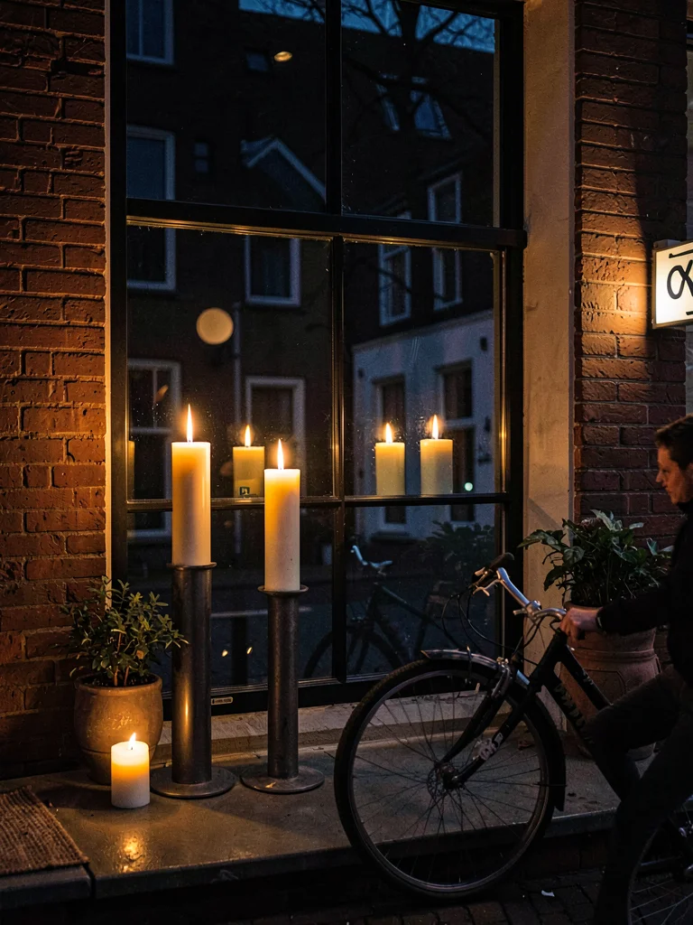 Bicycle rhythm through Copenhagen, three thick candles at different heights, the