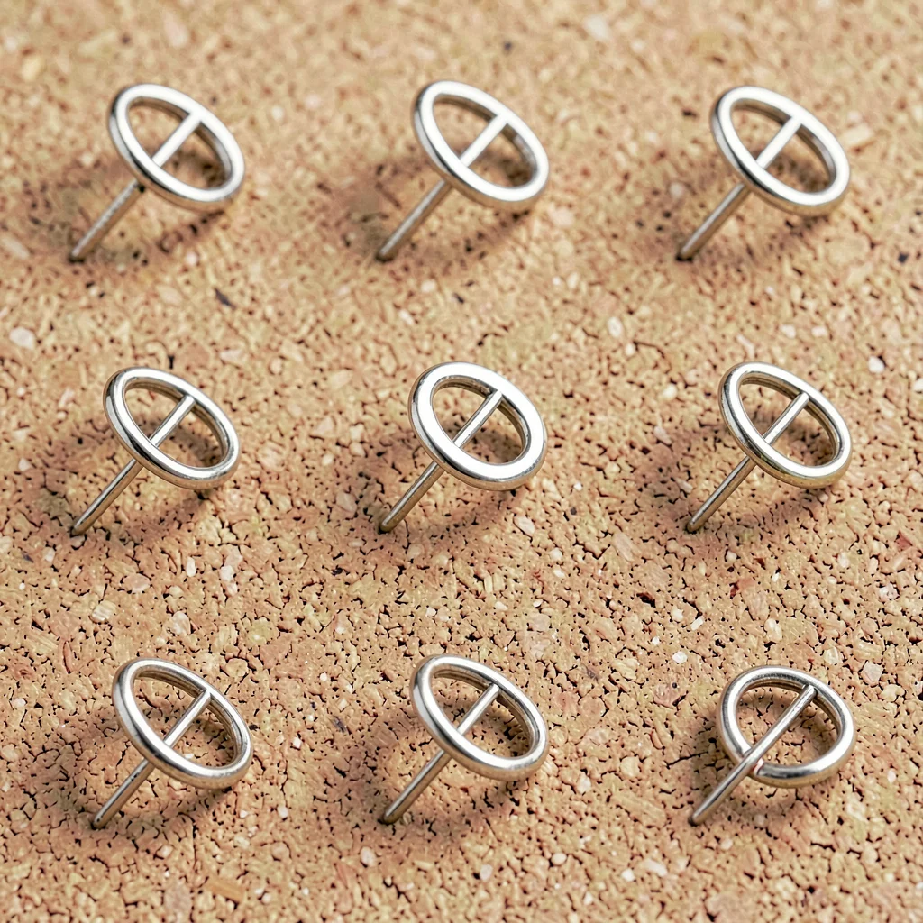 A 3x3 grid of abstract enamel-pin mockups on a soft cork backdrop, each pin in a