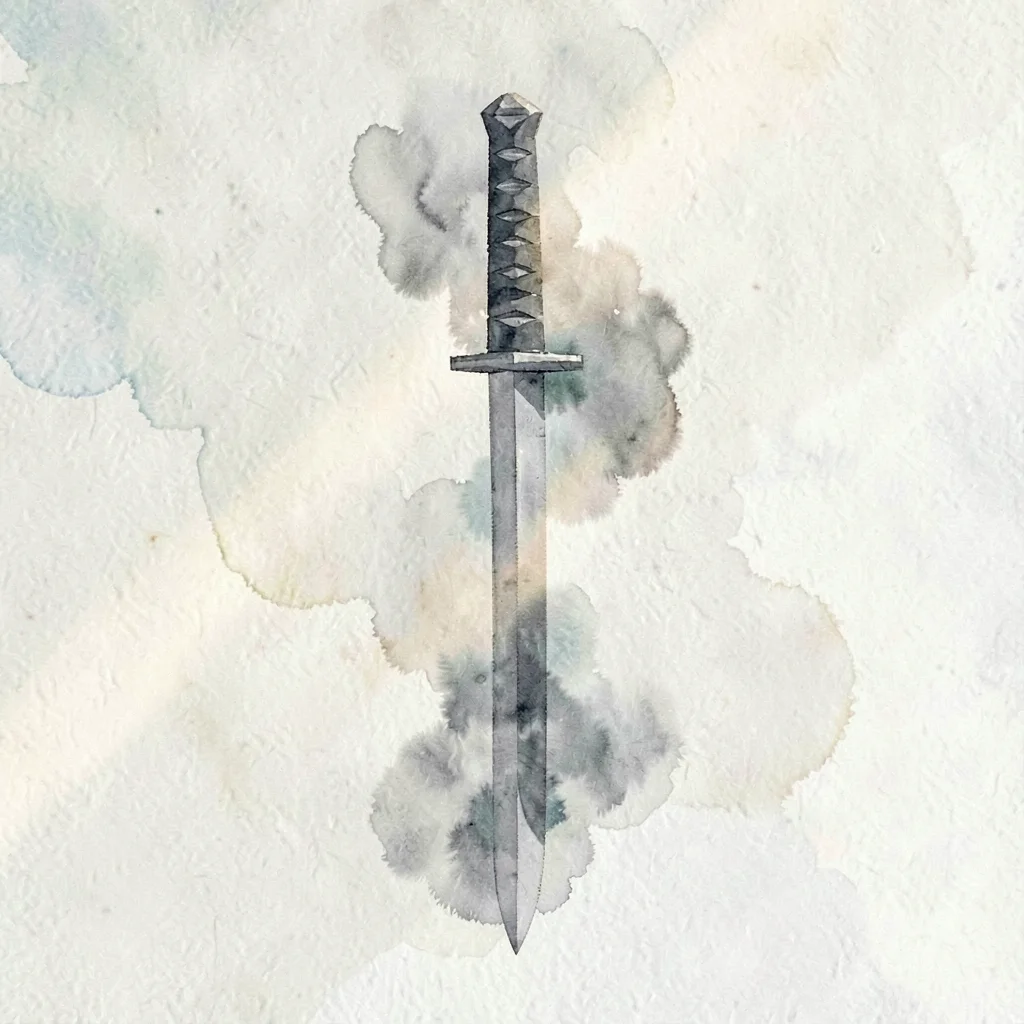 Quiet smoky lowpoly katana stood point-down with a slim grey faceted blade catch