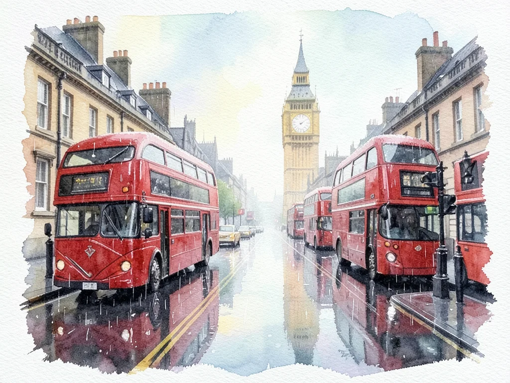 A rainy London street: red buses as quick wet brushstrokes, Big Ben suggested in