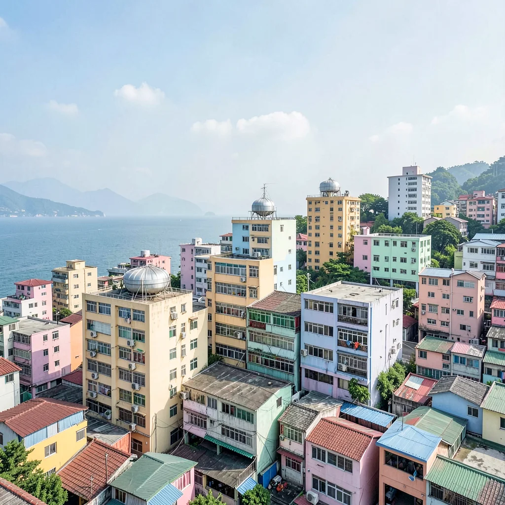 Busan vertical density, hillside village stacking, rooftop water tanks against s