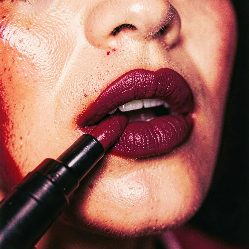 Close-up of a lipstick application — deep magenta, colour saturating outward int
