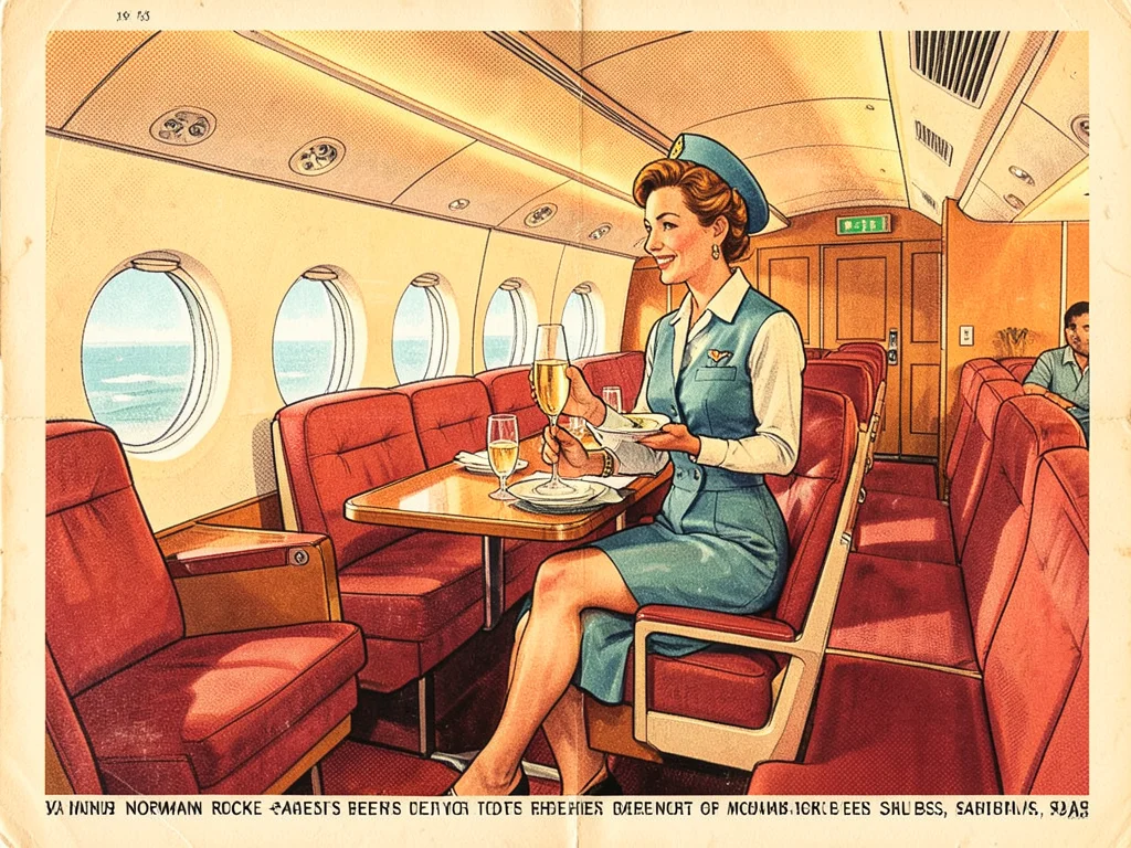 A stewardess serving champagne in a spacious first-class cabin, wide seats, roun