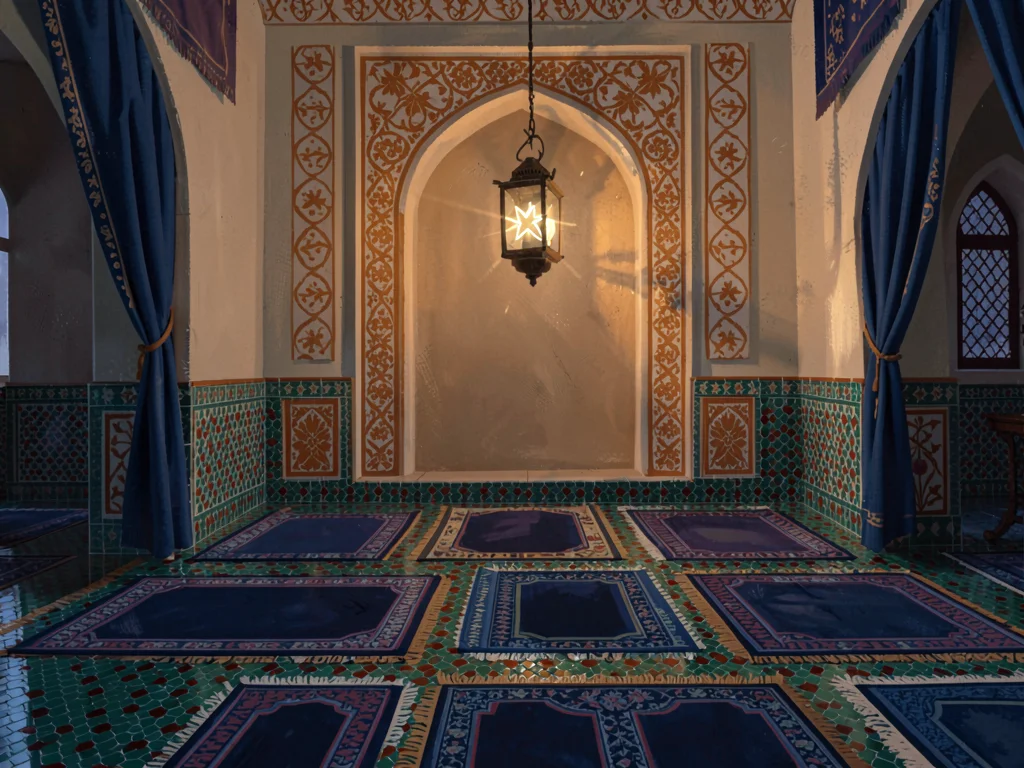 Pearled mosque interior at late afternoon lit by one star-pierced lantern, emera