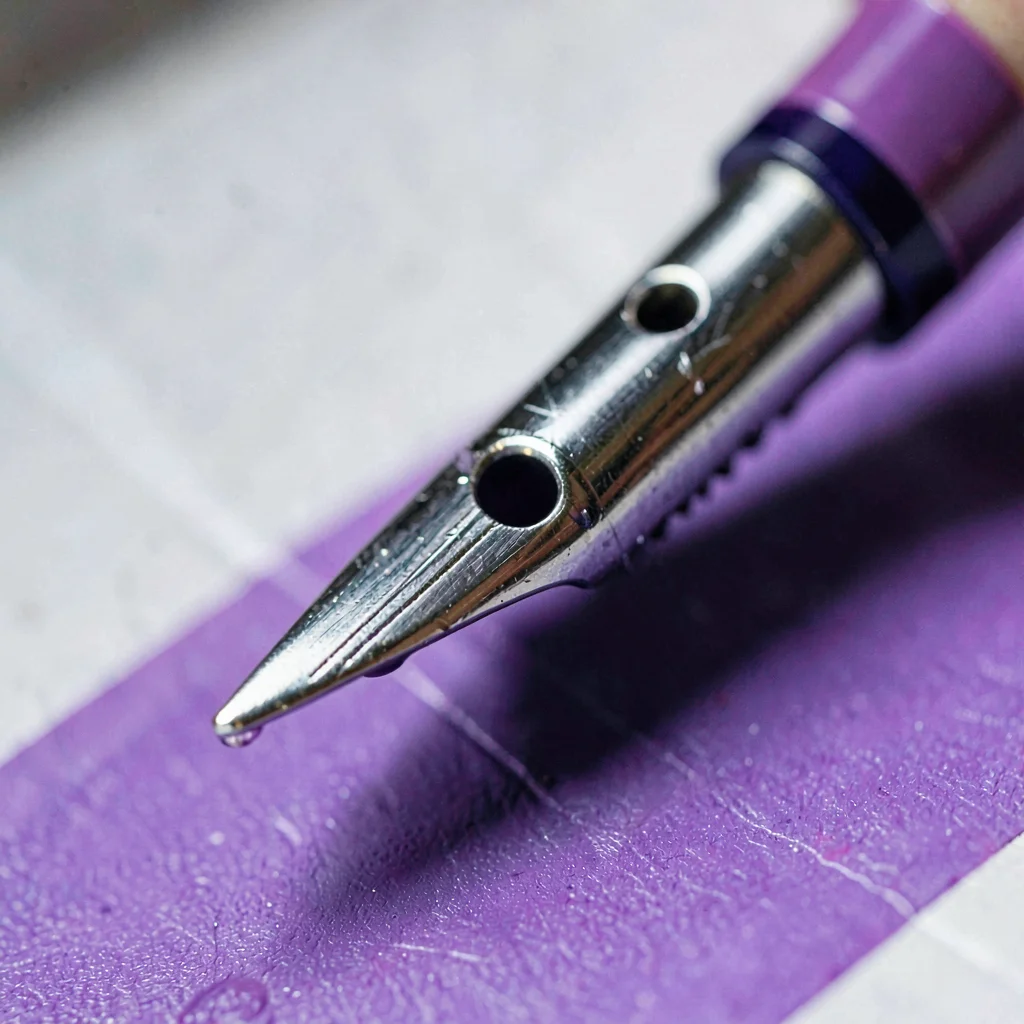 Mineral close-up of a polished steel nib loaded with violet ink, faint feed line