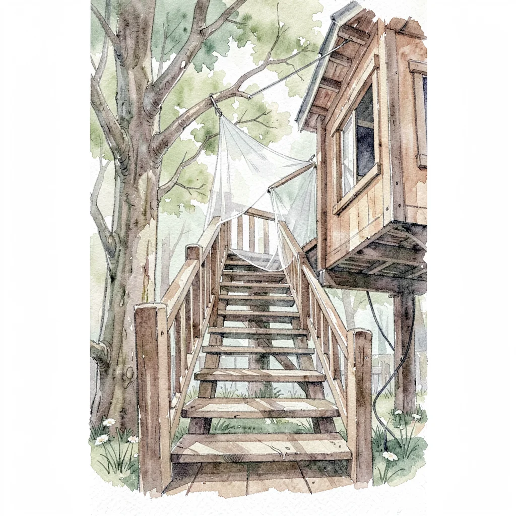 Vertical watercolor of a wooden staircase climbing into a treehouse-style room w